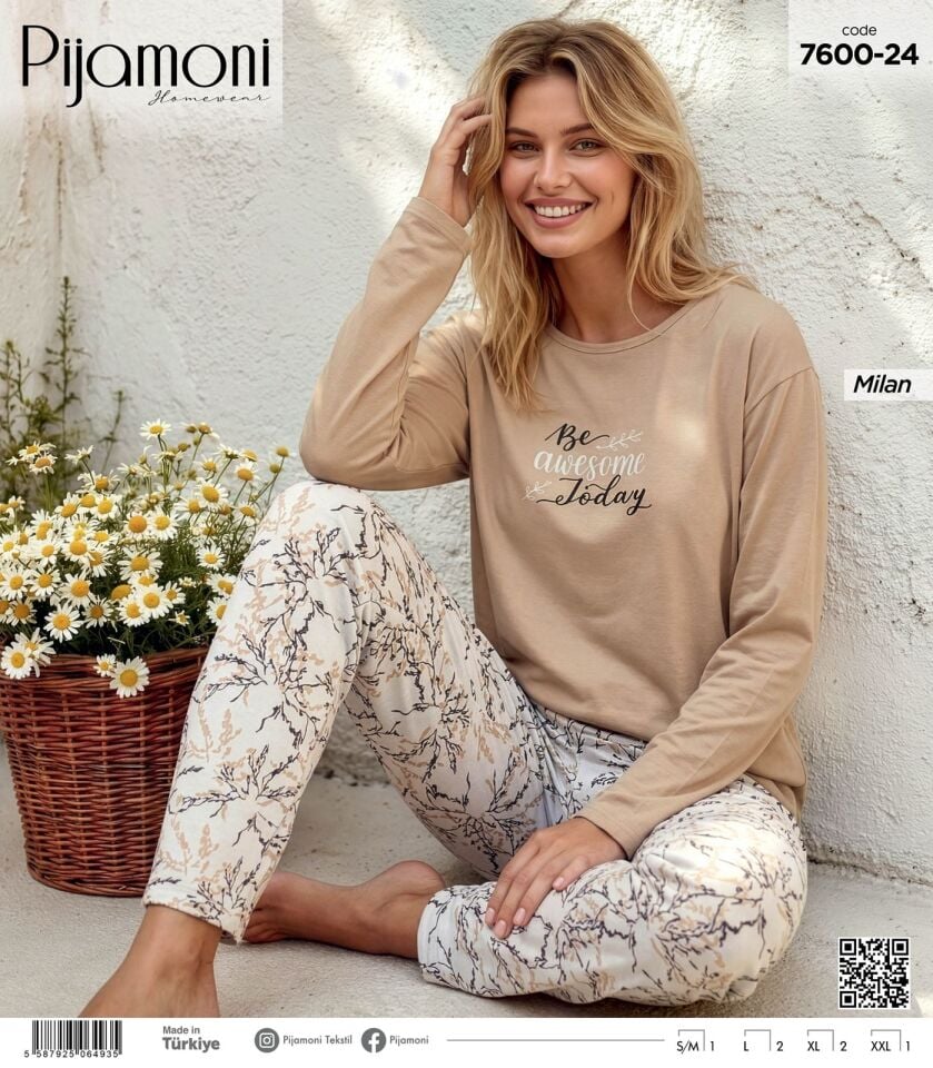 Pijamoni Milan Uzun Kol Önü Baskılı Pijama Takımı 7600