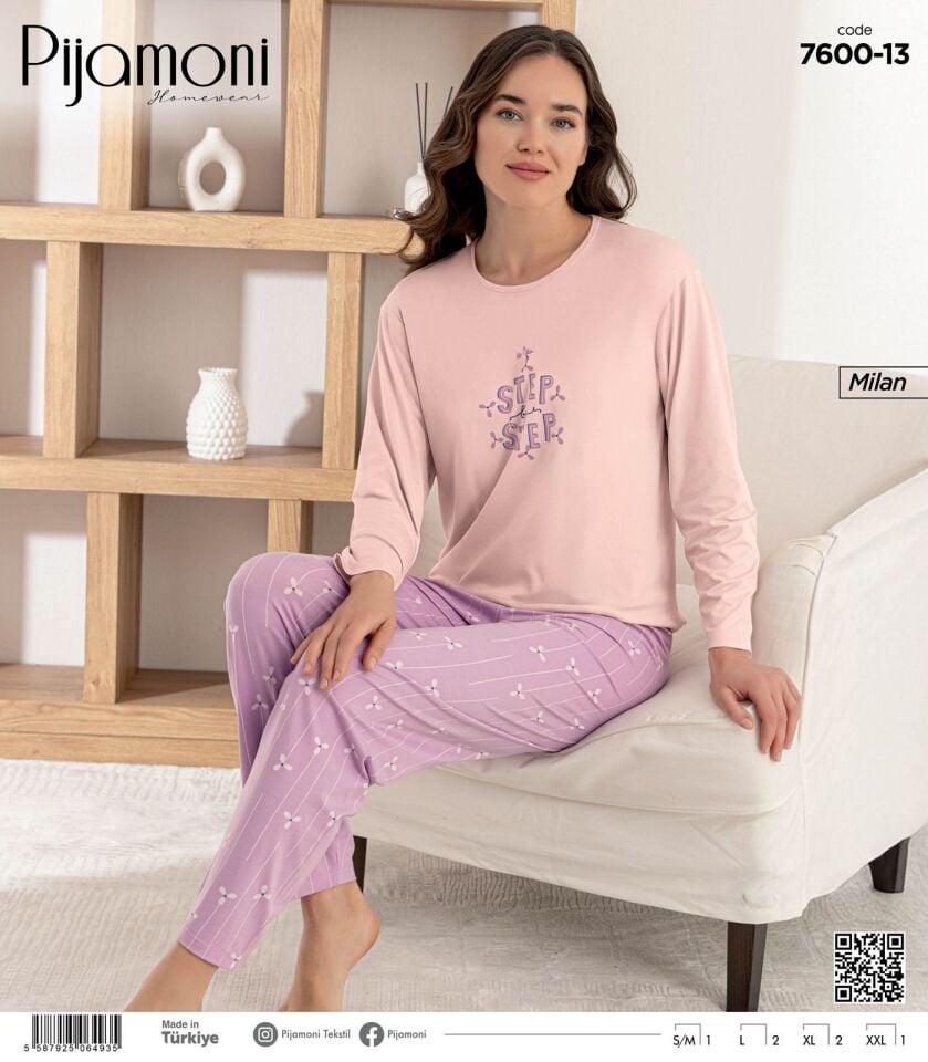 Pijamoni Milan Uzun Kol Önü Baskılı Pijama Takımı 7600