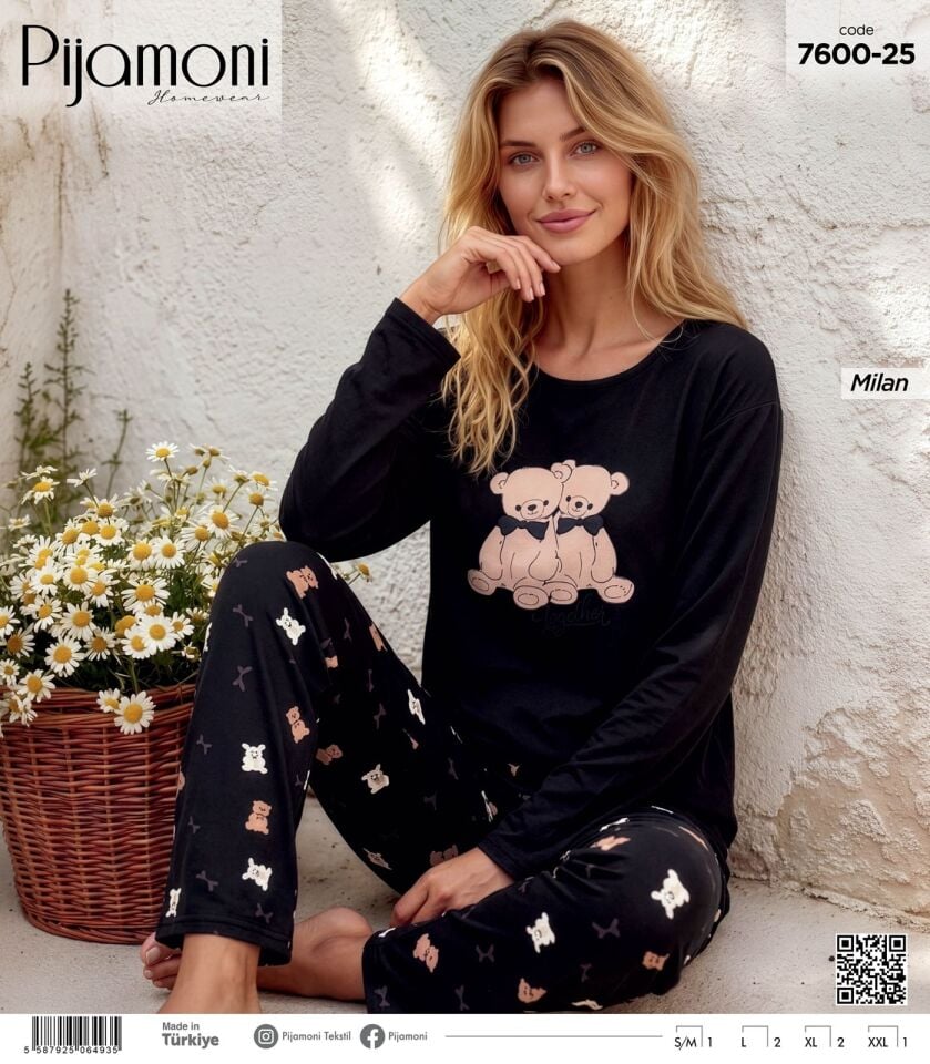Pijamoni Milan Uzun Kol Önü Baskılı Pijama Takımı 7600