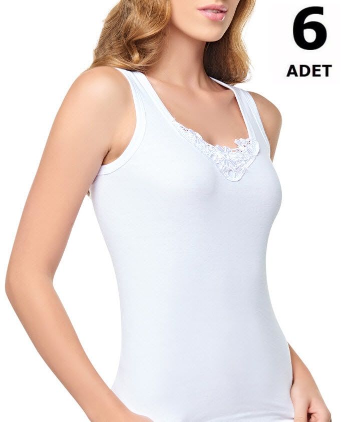Tutku 0140 Tutku Ribana Kadın Geniş Askılı Güpürlü Atlet 6'lı BEYAZ - L