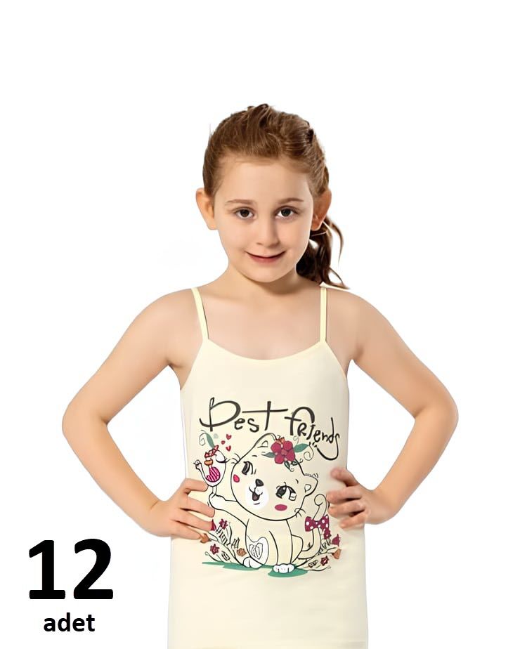 KOTA KIZ ÇOCUK PARÇA BASKILI İP ASKILI LİKRALI ATLET 12'li K3408